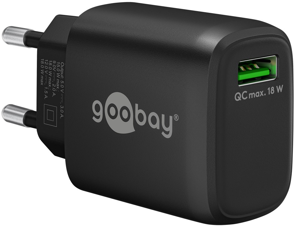 USB laadija 1 x USB QC3.0 100 - 240V > 5V, 3A, 18W, must