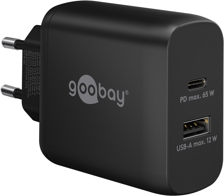 USB laadija, 1 x USB-A, 1x USB-C, 100-240V PD GaN, 65W, must