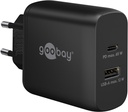 USB laadija, 1 x USB-A, 1x USB-C, 100-240V PD GaN, 65W, must