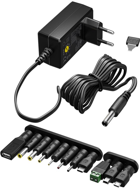 Universal Power Supply 3-12V, 0.3A 3.6W, 1x USB-C, 1xUSB-A, 1x USB micro + 7 DC adapters, black