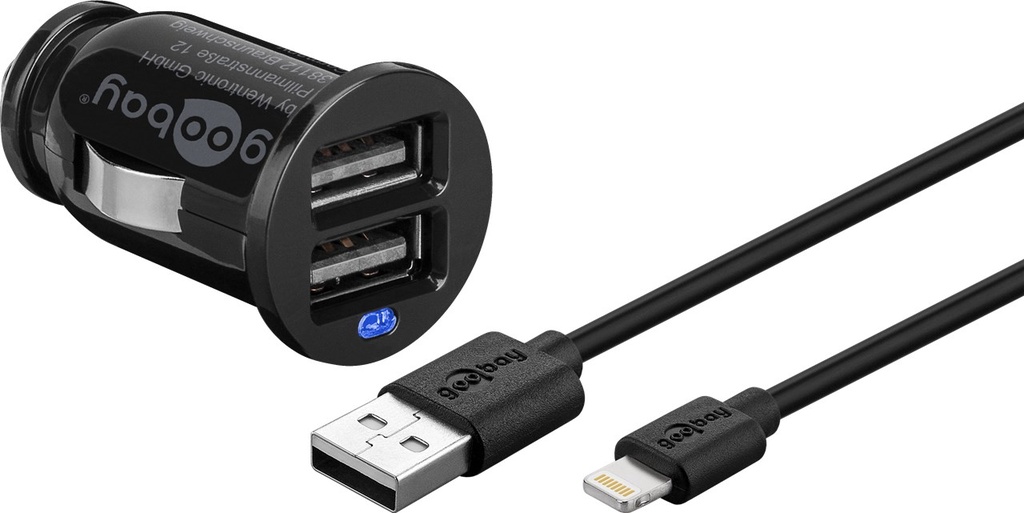 USB Autolaadija 2 x USB, 2.4A 12V/24V + Apple Lightning kaabel 1.0m, must