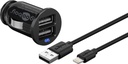 USB Autolaadija 2 x USB, 2.4A 12V/24V + Apple Lightning kaabel 1.0m, must