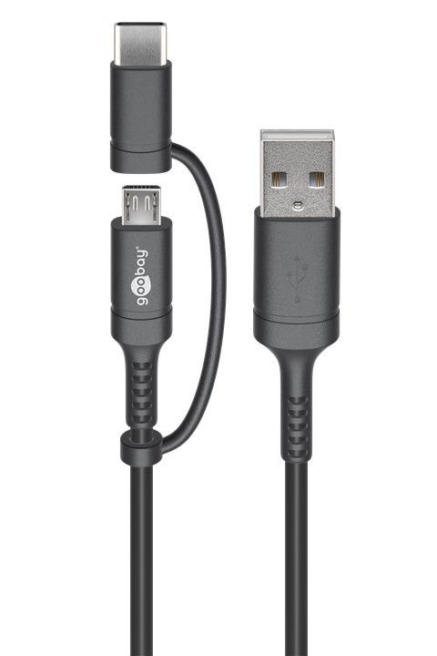 [71892] 2in1 USB cable with Micro-B cable and USB-C plug 1m, black