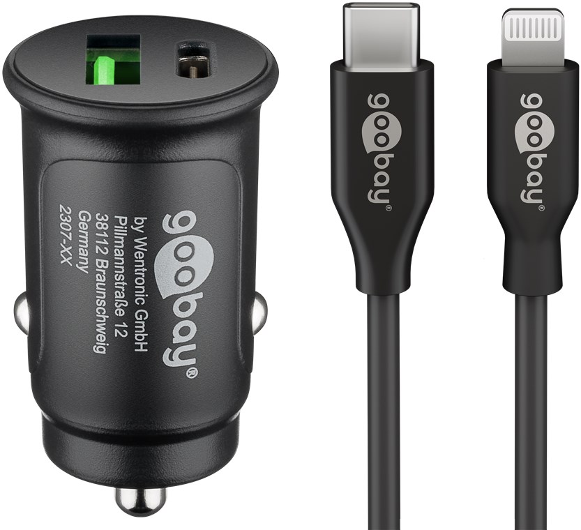 [72166] Dual USB Car charging adapter with 1x USB-C and 1x USB-A, USB-C-to-Lightning cable, 1 m, black