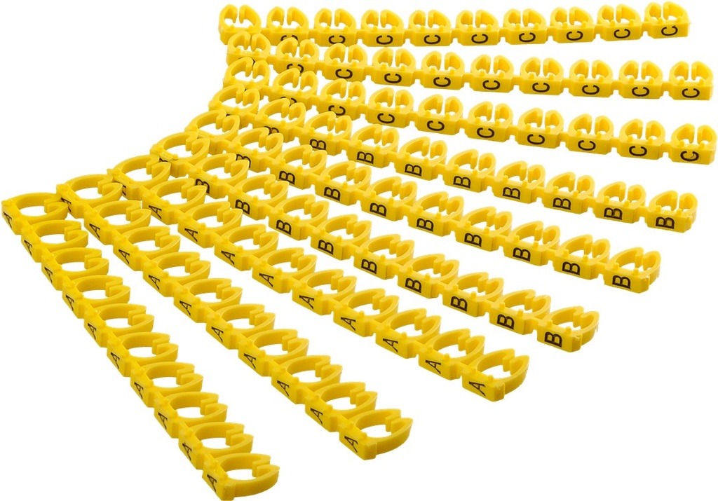 Kaabli markeerimise klambrid, 2.5mm-4.0mm kaablile, 90tk kompektis, kollane, tähted A-C