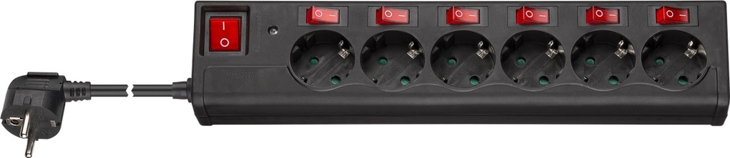 Maandusega pikendusjuhe 6 pesa / 1.5m, max 3500W, must, lülitiga + iga pesa eraldi lülitiga, ülepingekaitsega