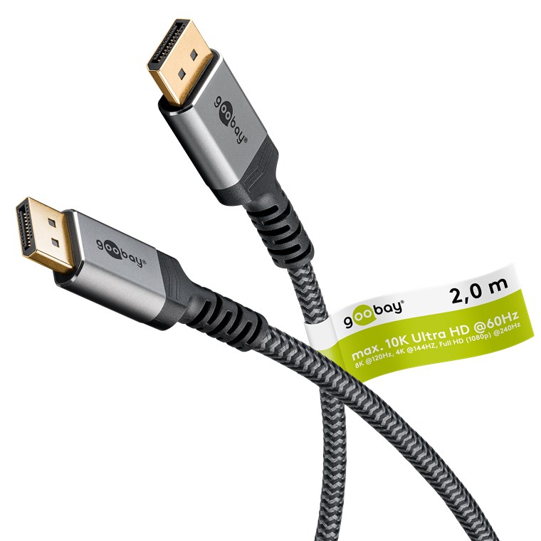 DisplayPort™ Cable 2.0/2.1, 80 Gbit/s, 2m, textile, gray