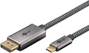 USB-C - DisplayPort adapterkaabel 3.0m, 4K@60Hz, tekstiilist kattega, must/hõbe