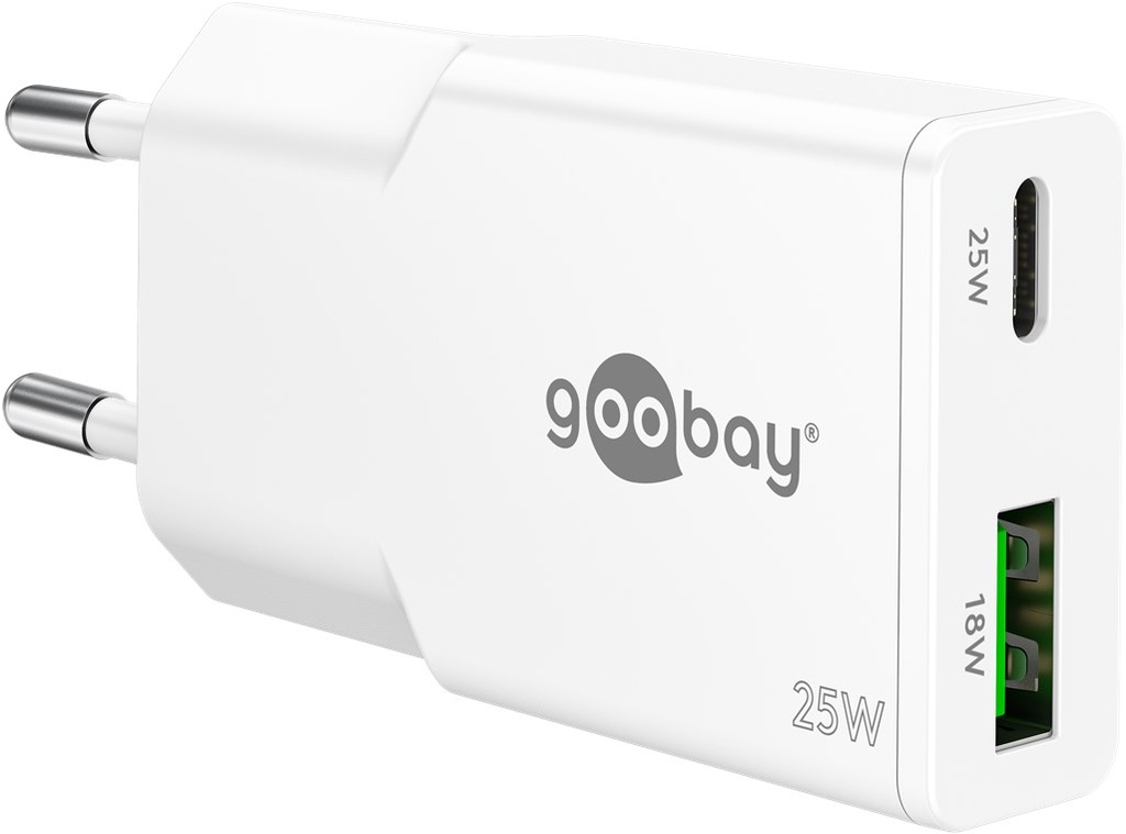 USB laadija 1 x USB-C PD GaN max. 25W, 1x USB-A, max. 18W, slim, valge