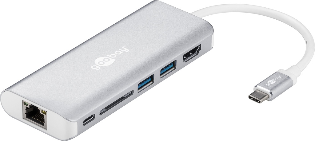 USB-C hub: 1x RJ45 (F), HDMI (F), 2x USB 3.0 (F), USB C (F), SD (F), hõbe, 4k×2k@30Hz