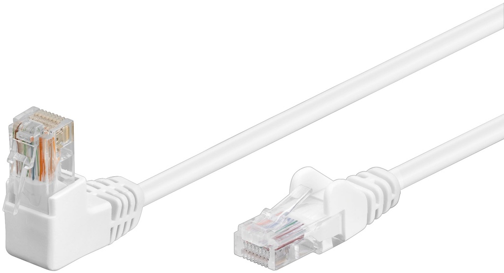 Cat5e Network cable, 90° angled, U/UTP 1x90° RJ45 plug (clip up-angled) / 1x straight white 0.25m