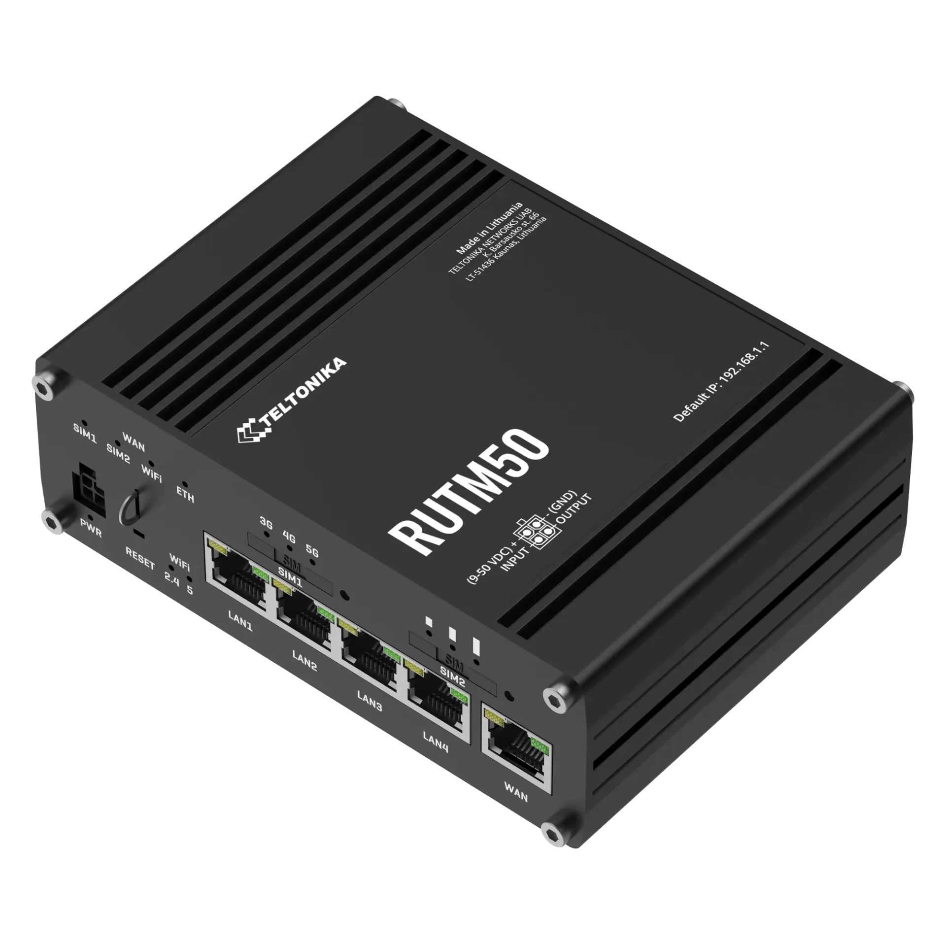 [RUTM50] Tööstuslik 5G LTE Wifi Ruuter: 1xWAN, 4xLAN, 802.11b/g/n/ac Wave 2 MU-MIMO, GNSS, -40°C-75°C, IP30